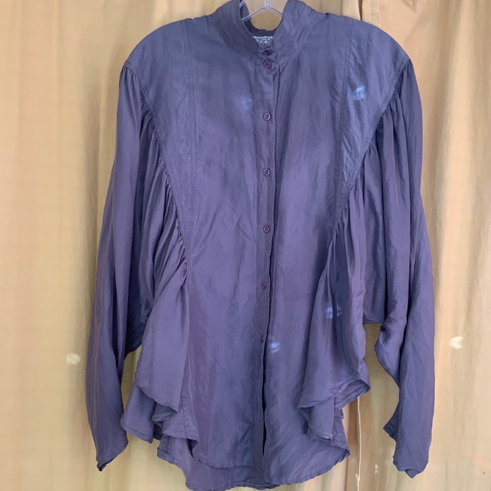 Gray Button-Up Silk Pleated Blouse